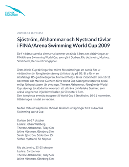 Sjöström, Alshammar Och Nystrand Tävlar I FINA/Arena Swimming World Cup 2009