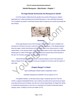 Bala Kanda – Chapter 1 the Sage Narada Summarizes the Ramayana to Valmiki Summary Chapter