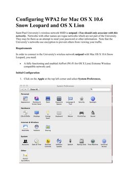 Configuring WPA2 for Mac OS X 10.6 Snow Leopard and OS X Lion