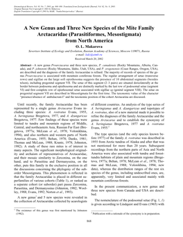 A New Genus and Three New Species of the Mite Family Arctacaridae (Parasitiformes, Mesostigmata) from North America O