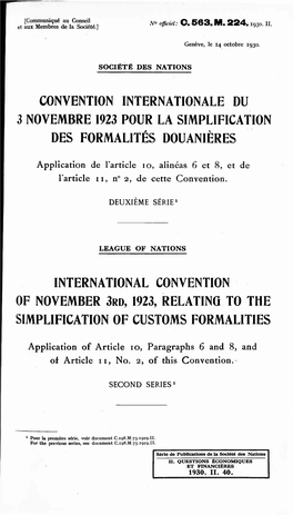 Convention Internationale Du 3 Novembre 1923 Pour La Simplification Des Formalités Douanières