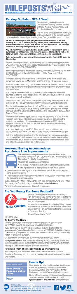 MILEPOSTSWEST a Newsletter for MTA Metro-North Railroad Customers September – October 2014