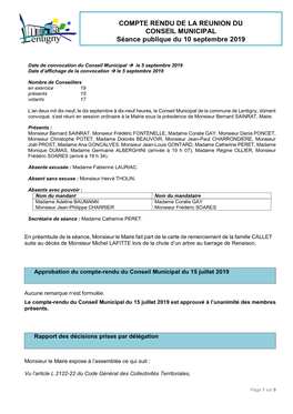 COMPTE RENDU DE LA REUNION DU CONSEIL MUNICIPAL Séance Publique Du 10 Septembre 2019