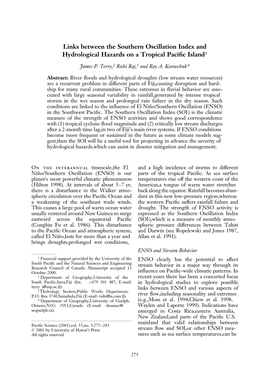 Links Between the Southern Oscillation Index and Hydrological Hazards on a Tropical Paci®C Island1