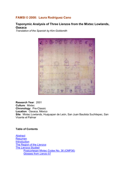 Toponymic Analysis of Three Lienzos from the Mixtec Lowlands, Oaxaca Translation of the Spanish by Kim Goldsmith