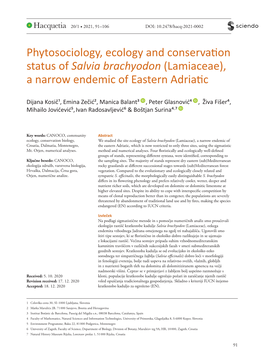 Phytosociology, Ecology and Conservation Status of Salvia Brachyodon (Lamiaceae), a Narrow Endemic of Eastern Adriatic