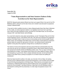 7 State Representatives and State Senators Endorse Erika Uyterhoeven for State Representative
