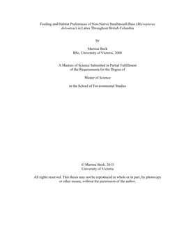 Feeding and Habitat Preferences of Non-Native Smallmouth Bass (Micropterus Dolomieui) in Lakes Throughout British Columbia