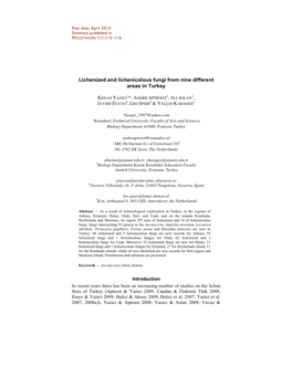 Lichenized and Lichenicolous Fungi from Nine Different Areas in Turkey