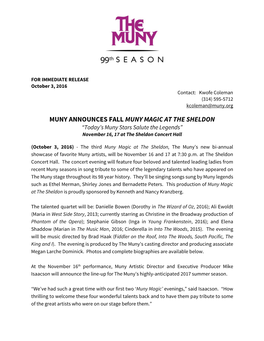 MUNY ANNOUNCES FALL MUNY MAGIC at the SHELDON “Today’S Muny Stars Salute the Legends” November 16, 17 at the Sheldon Concert Hall