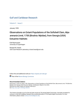 Observations on Extant Populations of the Softshell Clam, Mya Arenaria Linné, 1758 (Bivalvia: Myidae), from Georgia (USA) Estuarine Habitats