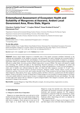 Entomofaunal Assessment of Ecosystem Health and Suitability of Mangroves at Asarama, Andoni Local Government Area, Rives State, Nigeria