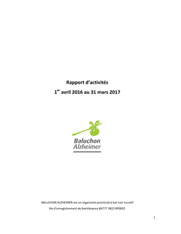 Rapport D'activités Baluchon Alzheimer 2016 2017