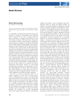 Marine Macroecology Stability and Develops a Series of Hypotheses About How J.D