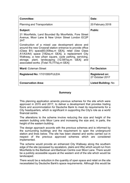 Committee: Date: Planning and Transportation 20 February 2018 Subject: 21 Moorfields, Land Bounded by Moorfields, Fore Street Av