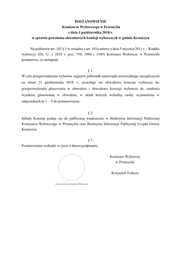 POSTANOWIENIE Komisarza Wyborczego W Przemyślu Z Dnia 1 Października 2018 R. W Sprawie Powołania Obwodowych Komisji Wyborczych W Gminie Krasiczyn