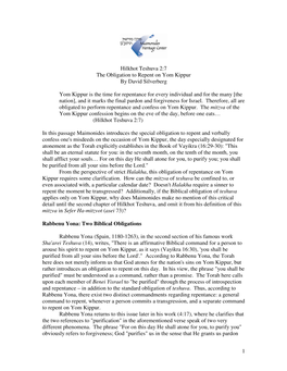 1 Hilkhot Teshuva 2:7 the Obligation to Repent on Yom Kippur by David Silverberg Yom Kippur Is the Time for Repentance for Every