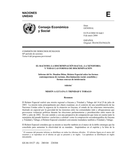 Informe Del Sr. Doudou Diène, Relator Especial Sobre Las Formas Contemporáneas De Racismo, Discriminación Racial, Xenofobia Y Formas Conexas De Intolerancia