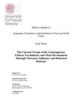 The Current Trends of the Contemporary Chinese Tea Industry and Their Development Through Taiwanese Influence and Historical Reforms