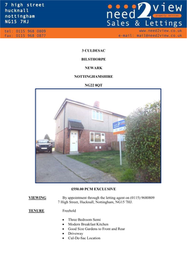 3 Culdesac Bilsthorpe Newark Nottinghamshire