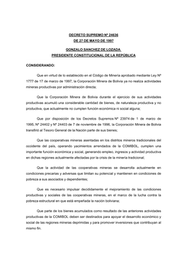 Decreto Supremo Nº 24636 De 27 De Mayo De 1997 Gonzalo