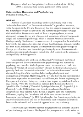 Existentialism, Humanism and Psychotherapy by Daniel Burston, Ph.D