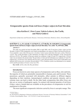 Ectoparasitic Species from Red Foxes (Vulpes Vulpes) in East Slovakia