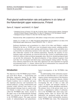 Post-Glacial Sedimentation Rate and Patterns in Six Lakes of the Kokemäenjoki Upper Watercourse, Finland