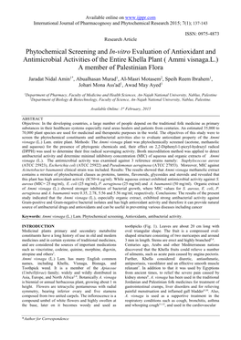 Phytochemical Screening and In-Vitro Evaluation of Antioxidant and Antimicrobial Activities of the Entire Khella Plant ( Ammi Vi