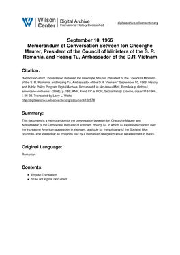 September 10, 1966 Memorandum of Conversation Between Ion Gheorghe Maurer, President of the Council of Ministers of the S