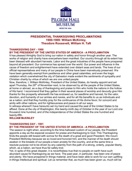 PRESIDENTIAL THANKSGIVING PROCLAMATIONS 1900-1909: William Mckinley, Theodore Roosevelt, William H