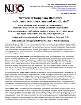 New Jersey Symphony Orchestra Welcomes New Musicians and Artistic Staff