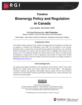 Bioenergy Policy and Regulation in Canada – November 2009