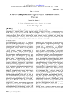 A Review of Phytopharmacological Studies on Some Common Flowers