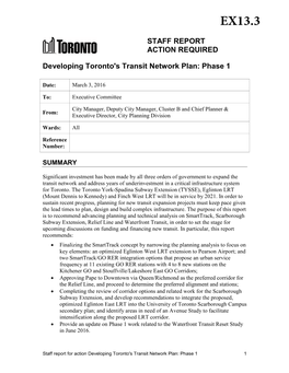 Developing Toronto's Transit Network Plan: Phase 1