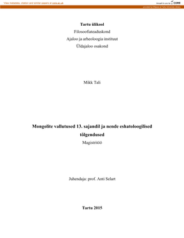 Mongolite Vallutused 13. Sajandil Ja Nende Eshatoloogilised Tõlgendused Magistritöö