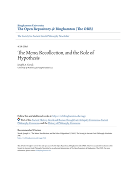 The Meno, Recollection, and the Role of Hypothesis Joseph A