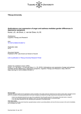 Ambivalence Over Expression of Anger and Sadness Mediates Gender Differences in Depressive Symptoms Kunst, L.E.; De Groot, J.; Van Der Does, A.J.W