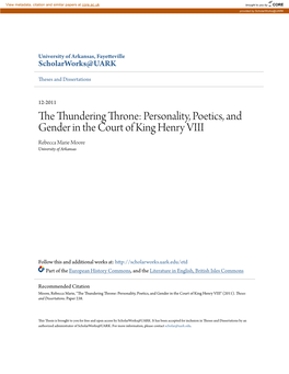 Personality, Poetics, and Gender in the Court of King Henry VIII Rebecca Marie Moore University of Arkansas