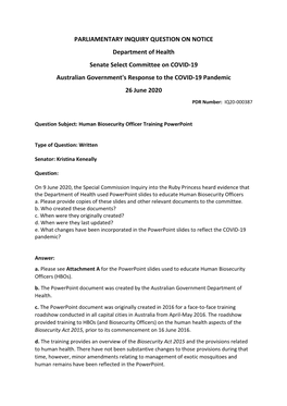 PARLIAMENTARY INQUIRY QUESTION on NOTICE Department of Health Senate Select Committee on COVID-19 Australian Government's Response to the COVID-19 Pandemic