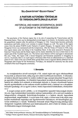 Historical and Human Geographical Bases of Autonomy in the Partium Region