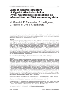 Lack of Genetic Structure of Cypriot Alectoris Chukar (Aves, Galliformes) Populations As Inferred from Mtdna Sequencing Data M. Guerrini, P