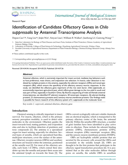 Identification of Candidate Olfactory Genes in Chilo Suppressalis by Antennal Transcriptome Analysis Depan Cao1,2#, Yang Liu1#, Jinjin Wei1, Xinyan Liao1, William B