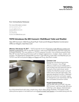 For Immediate Release TOTO Introduces the MH Connect+ Wall