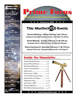 Prime Focus P S Full Moon a Publication of the Kalamazoo Astronomical Society