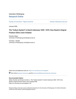 Culture System” in Dutch Indonesia 1830–1870: How Rawls’S Original Position Ethics Were Violated