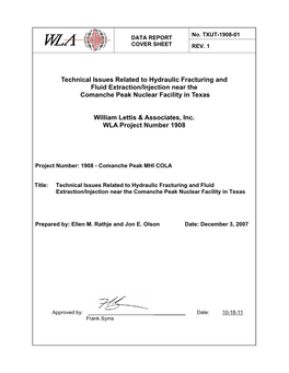 Technical Issues Related to Hydraulic Fracturing and Fluid Extraction/Injection Near the Comanche Peak Nuclear Facility in Texas