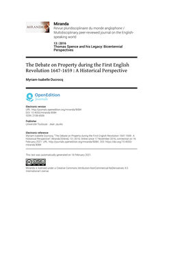 The Debate on Property During the First English Revolution 1647-1659 : a Historical Perspective