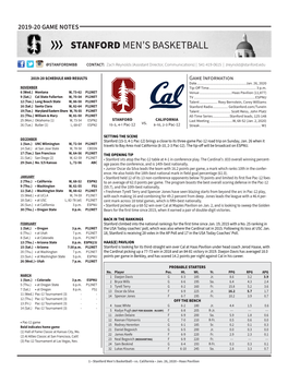 Stanford Men's Basketball Stanford Team Game-By-Game (As of Jan 20, 2020) All Games