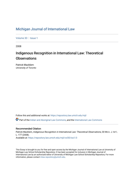 Indigenous Recognition in International Law: Theoretical Observations